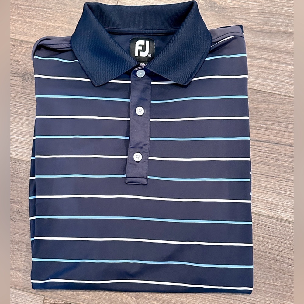 Footjoy Men’s Medium Navy Blue Striped Polo Shirt
